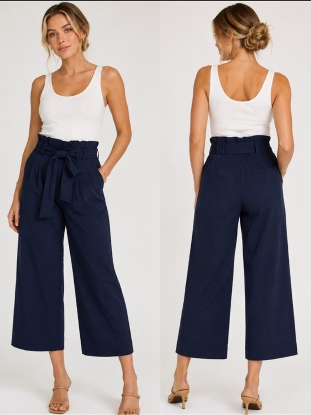 Cremieux Navy Paperbag Waist Wide Leg Crop Pants Size 8 Belted High Rise